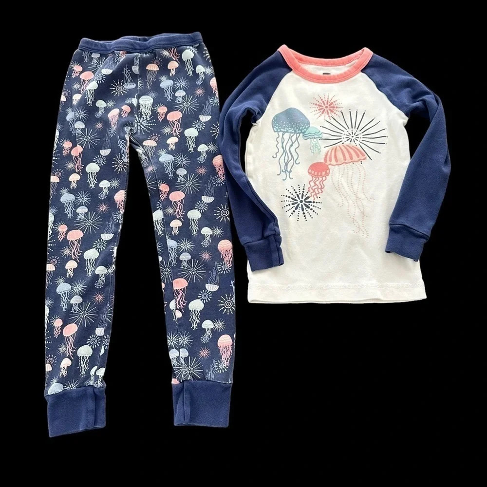 Tea collection Size 6 Jellyfish 2 Piece Pajama Set PJs Cotton Knit Pink Blue